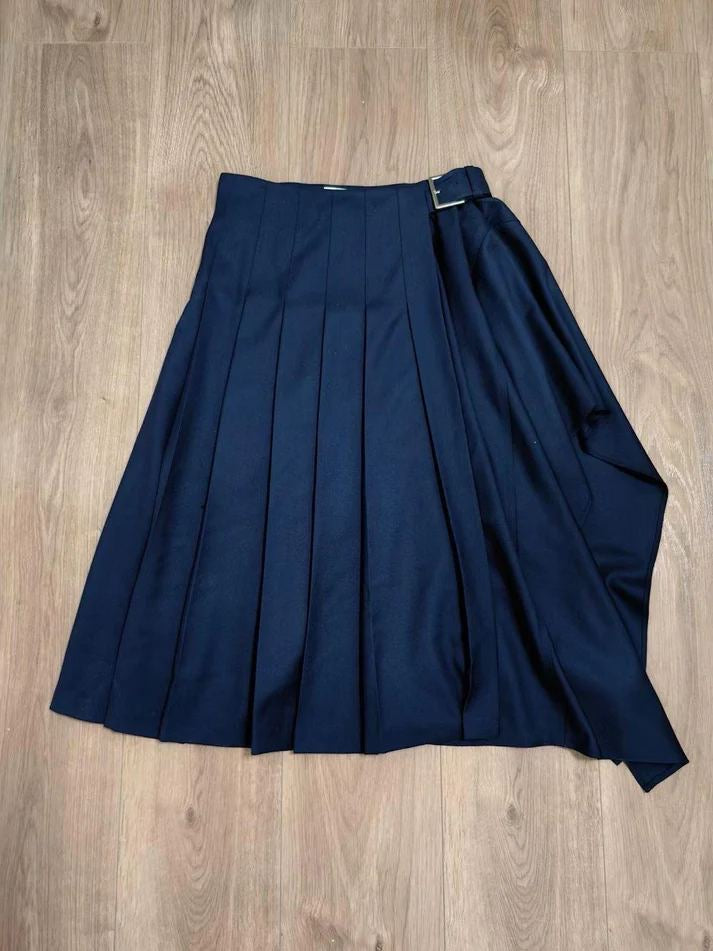 ALC Wayland Belted Wool-Blend Pleated Handkerchief Midi Skirt in Navy Blue