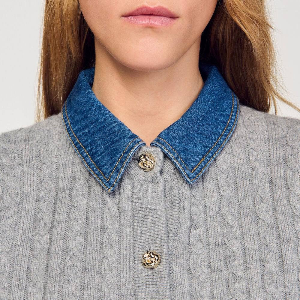 SD Mado Denim Collar Short-sleeved Wool-Cashmere Cable Knit Cardigan