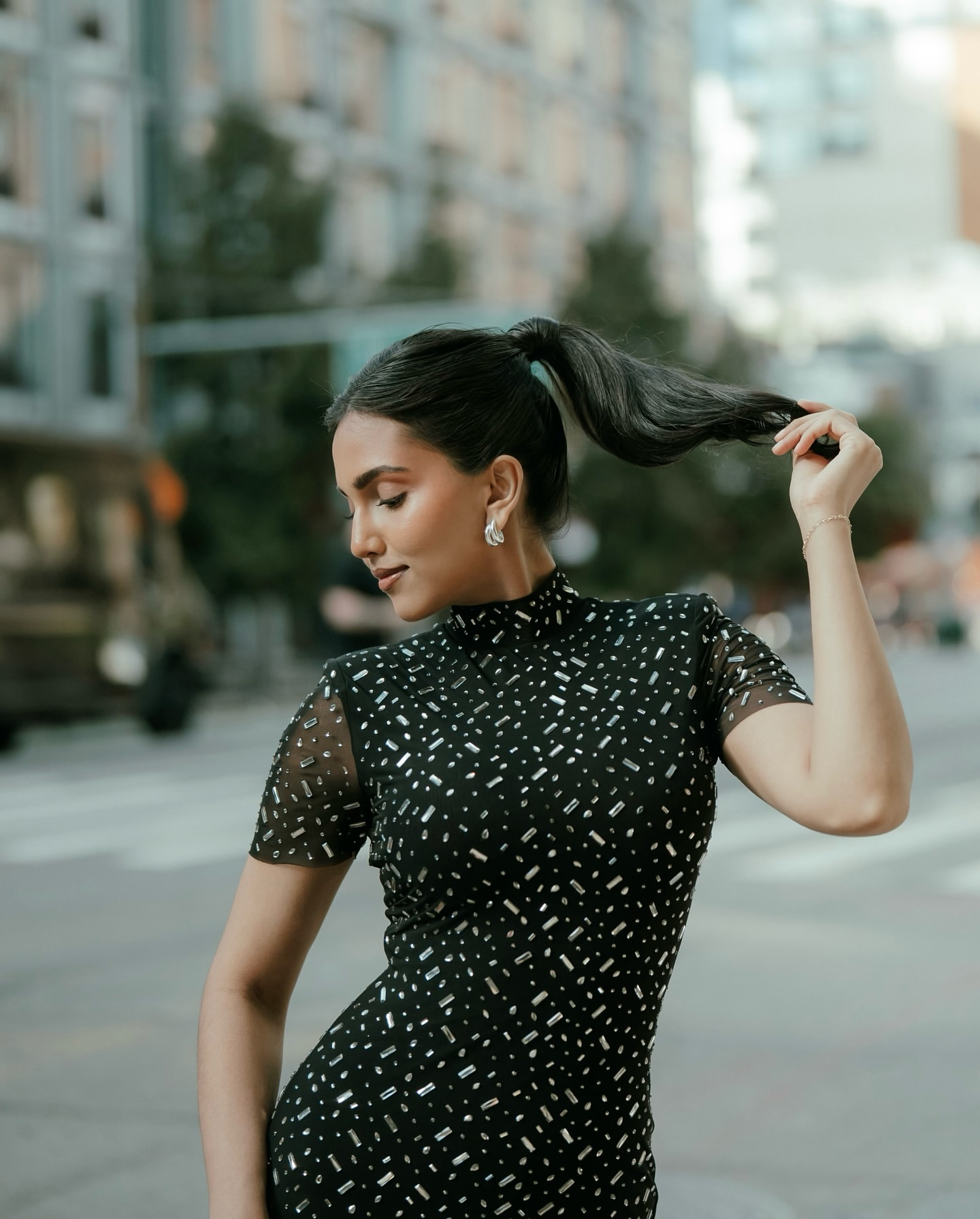 SP Black Square Rhinestone Mesh Maxi Dress