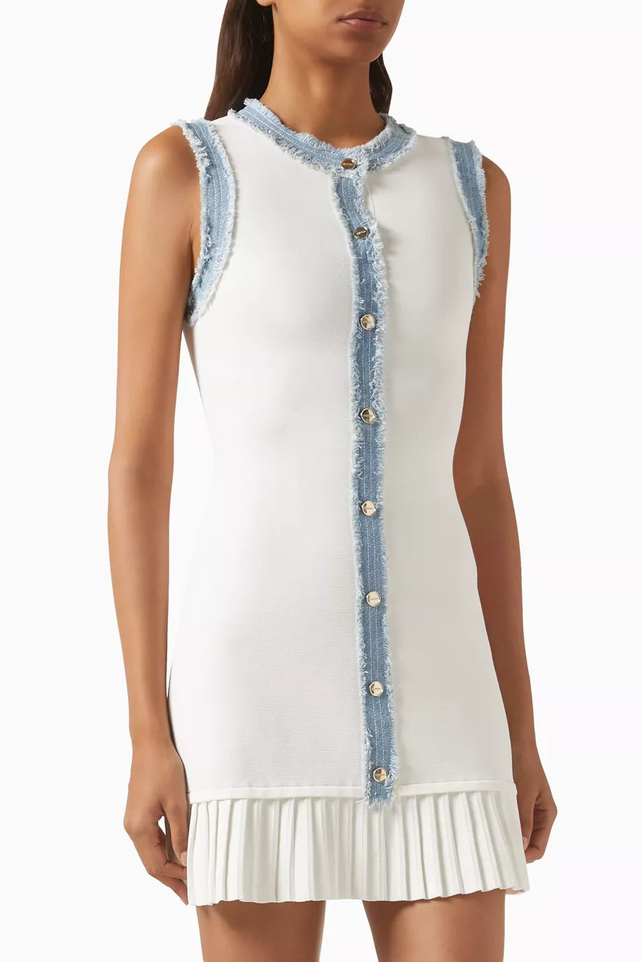 SD Short Knit Mini Dress With Ruffles & Denim Contrast