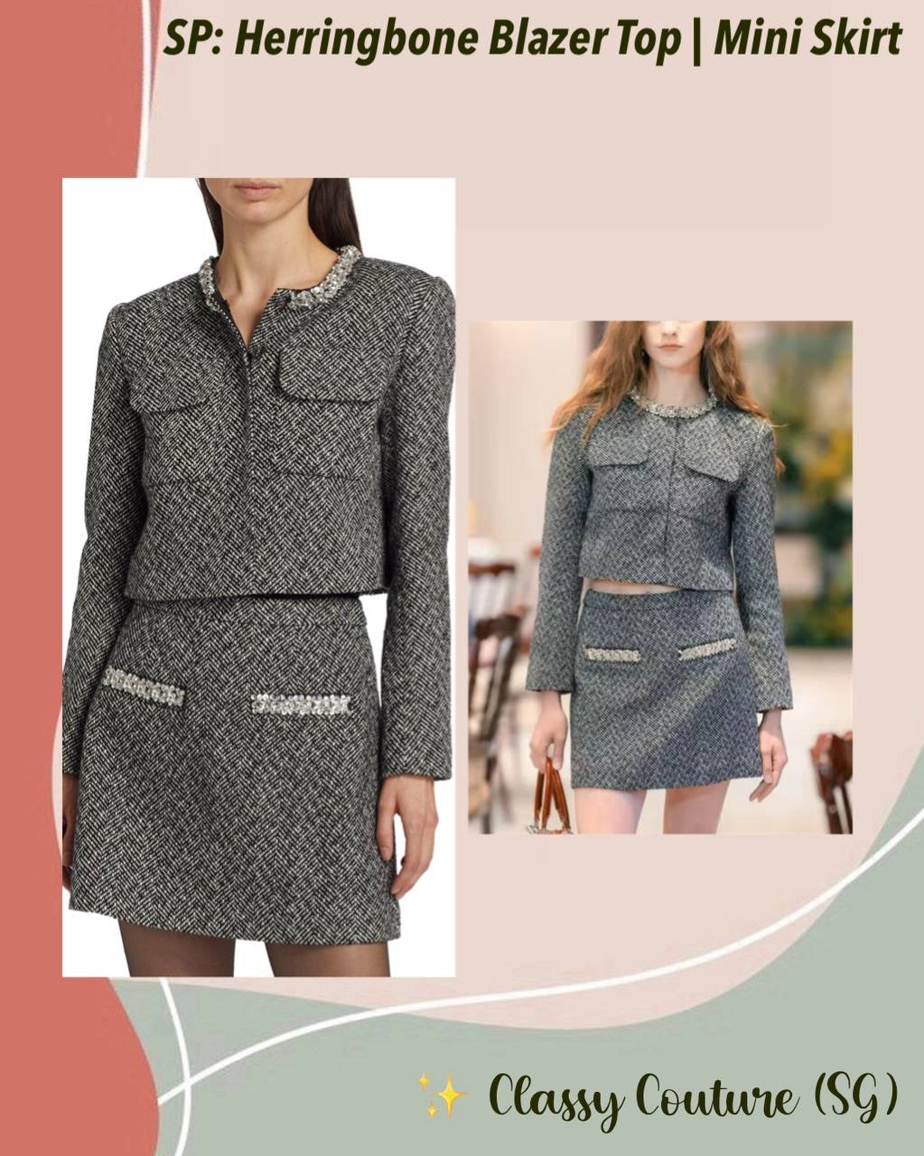 SP Black Herringbone Embellished Jacket | Mini Skirt | Set