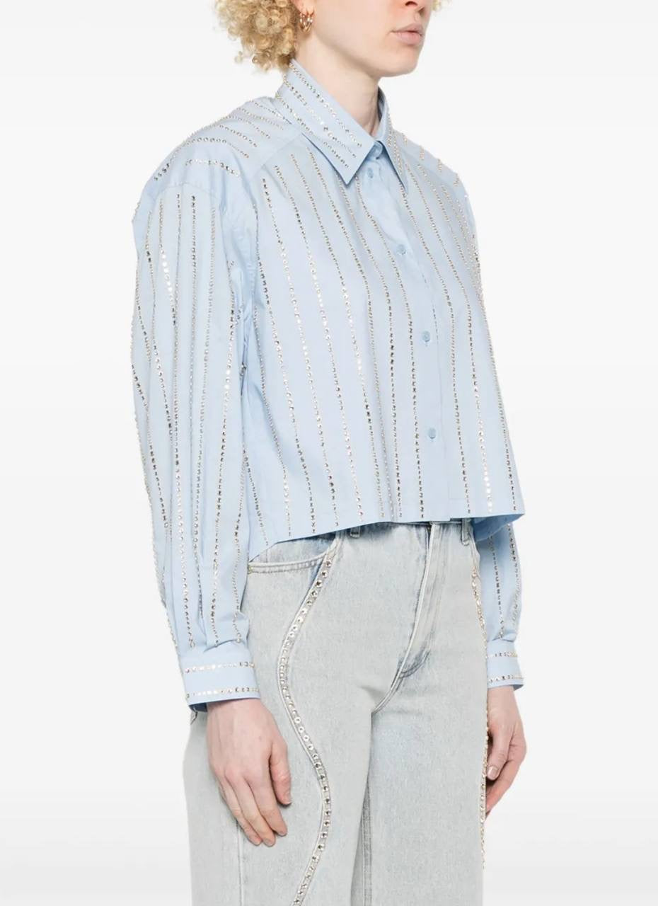 SD Celena Cotton Striped Embellished Cropped Button Down Shirt