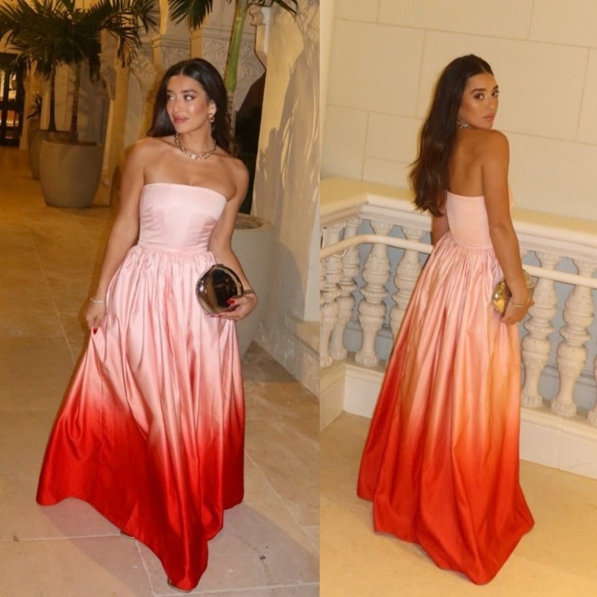 SAU Teigen Blush Red Ombre Strapless Gown Maxi Dress