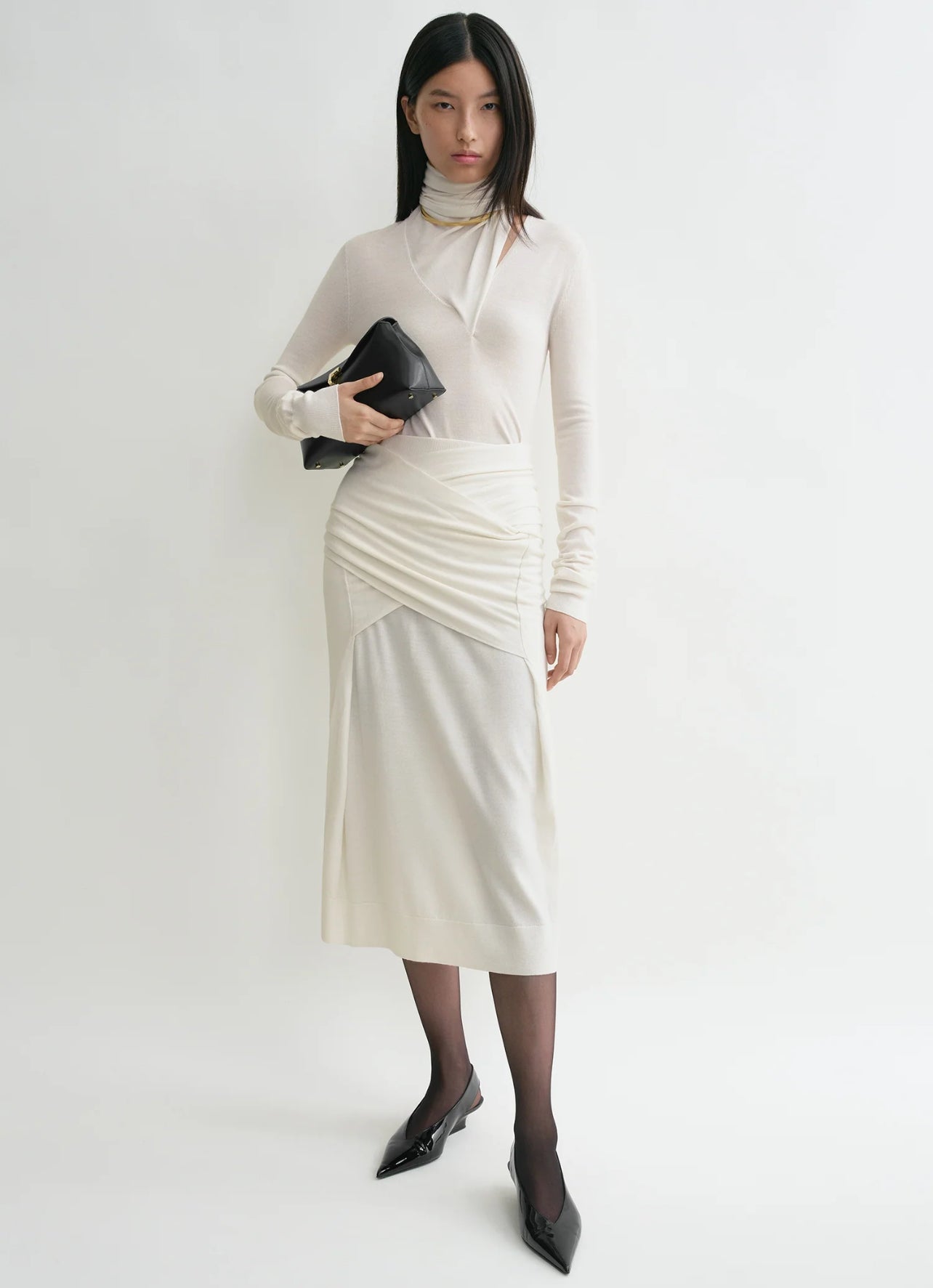 Tot Draped Scarf Fine Knit Top | Midi Skirt | Wool-Silk Set