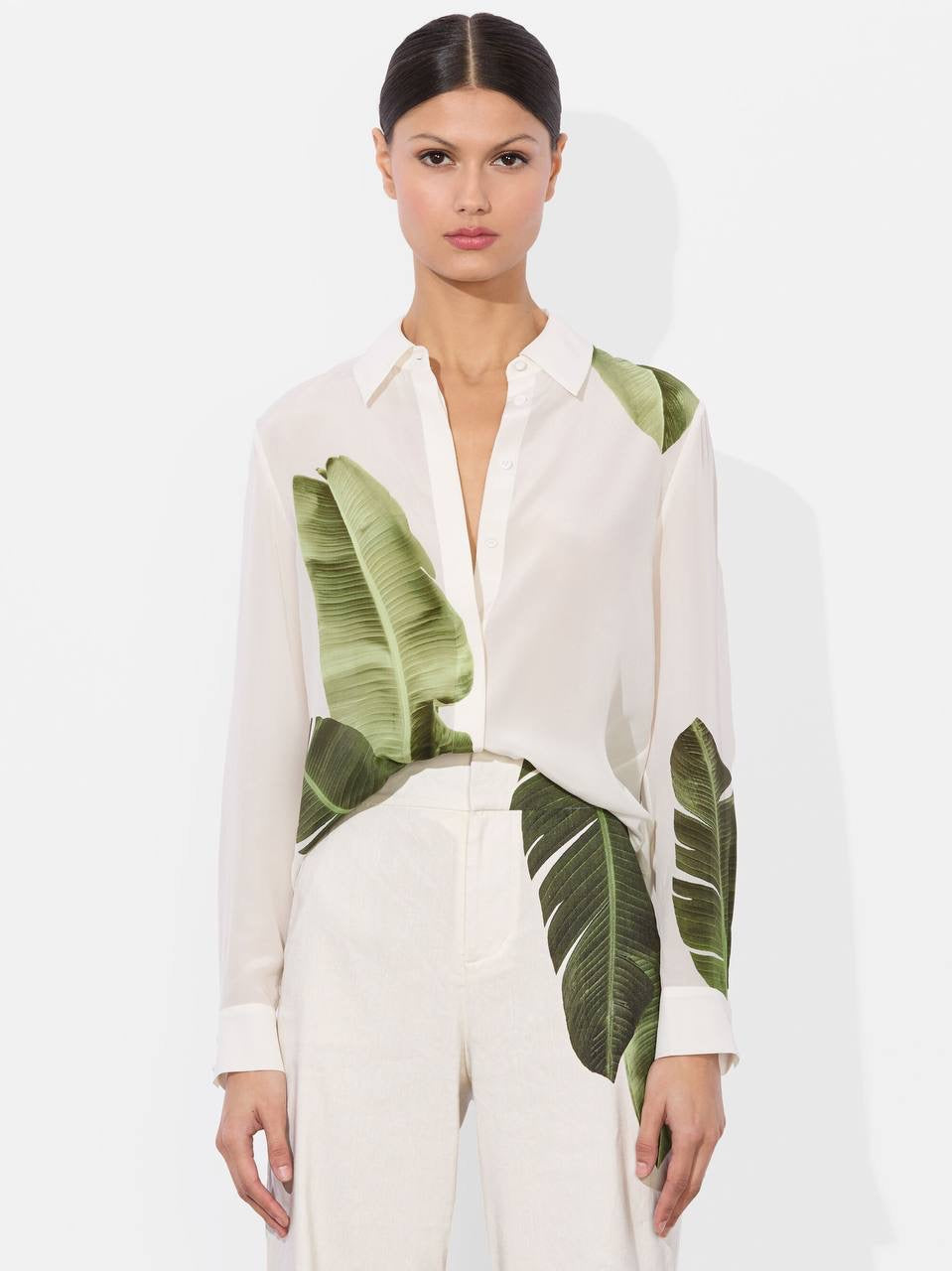 AO Willa Silk Long Sleeve Blouse Shirt in Jungle Palm