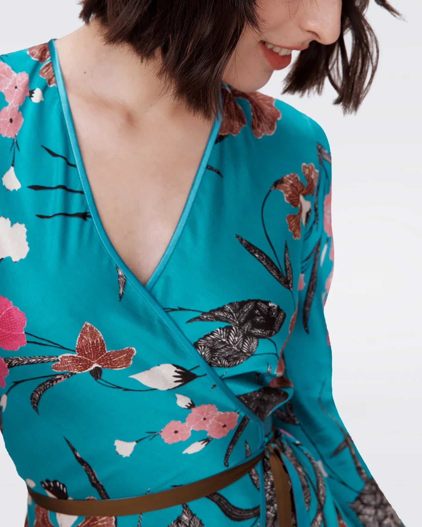 DVF Anika Reversible Viscose Midi Dress in Festival Floral Teal and Olive