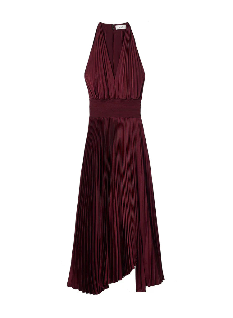 ALC Rose Satin Pleated Midi Dress in Chicory | Riviera