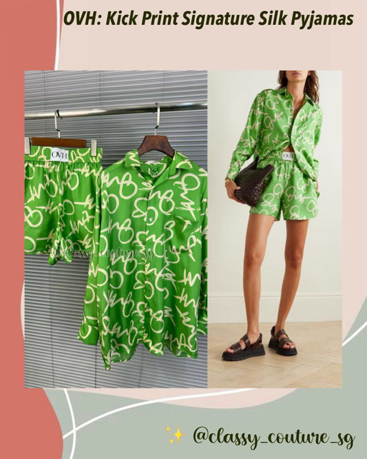 OVH Kick Print Green Signature Silk Twill Pyjamas Shirt Shorts Set