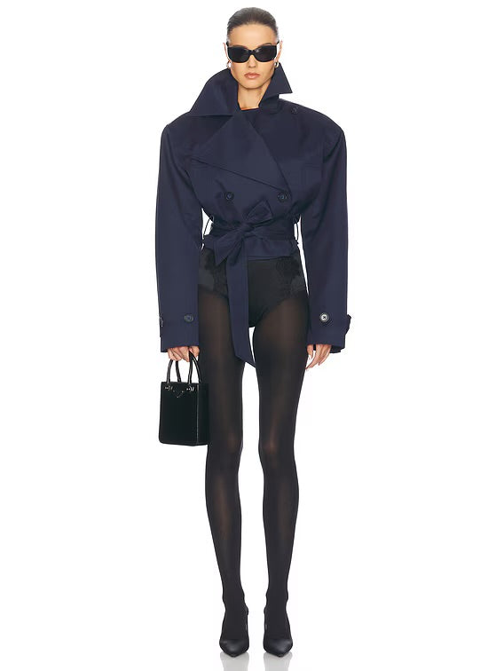 HS Oversized Cropped Cotton Blend Trench Jacket Coat in Black