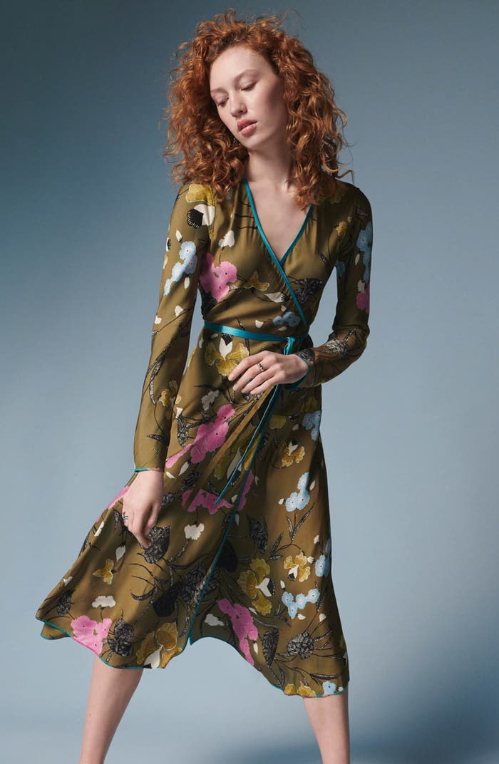 DVF Anika Reversible Viscose Midi Dress in Festival Floral Teal and Olive