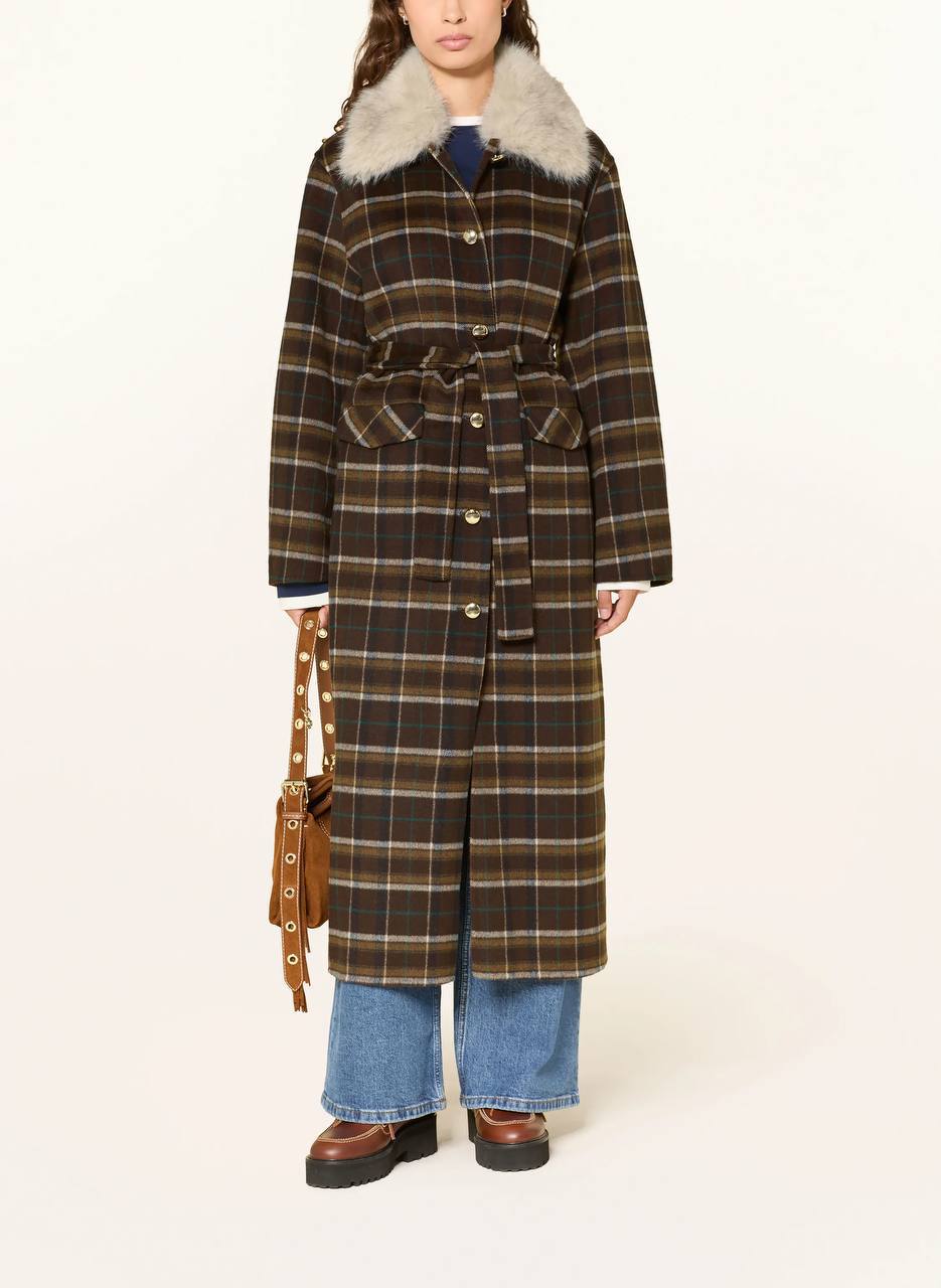 Checked Faux-Fur Collar Coat