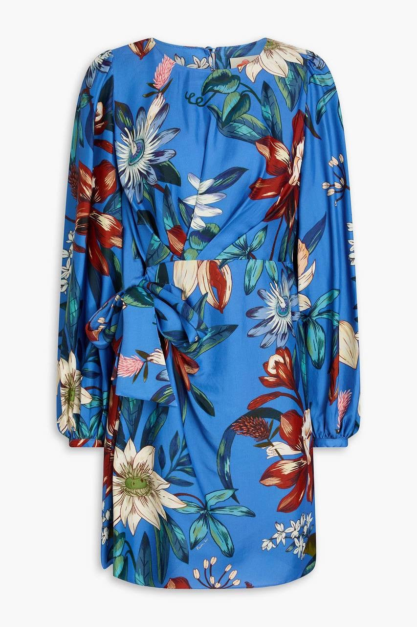FR Blue Surreal Flowers Viscose Wrap Mini Dress