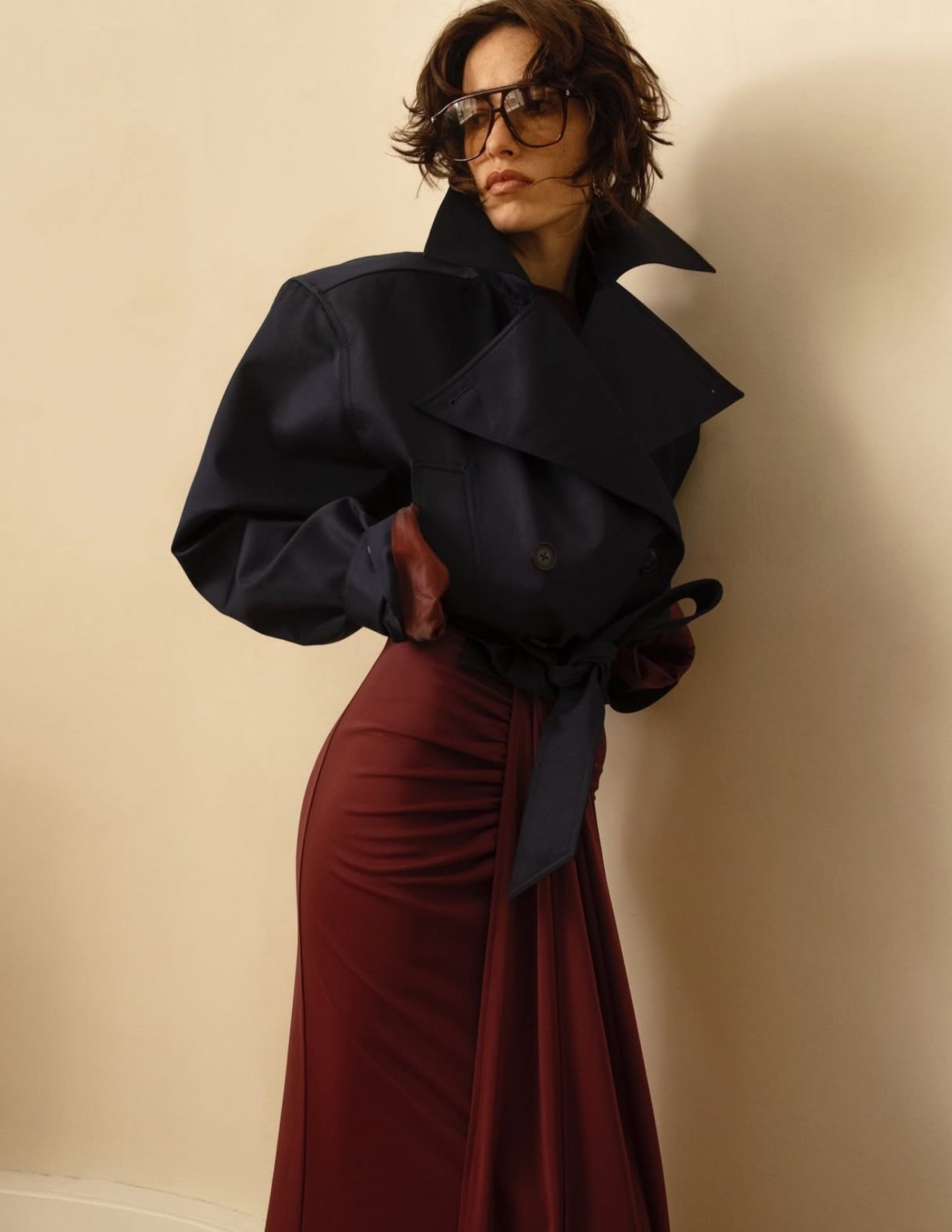 HS Oversized Cropped Cotton Blend Trench Jacket Coat in Black