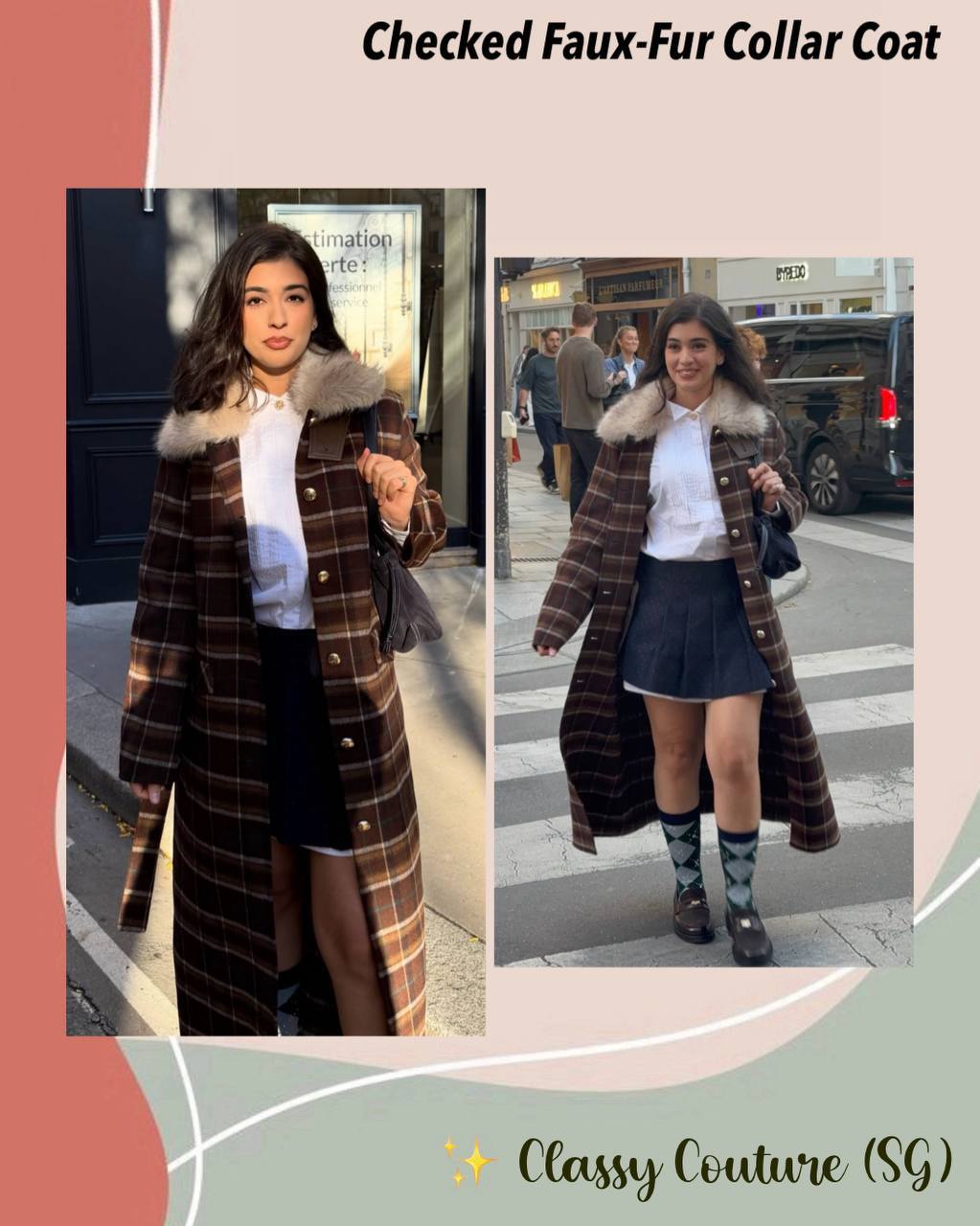 Checked Faux-Fur Collar Coat
