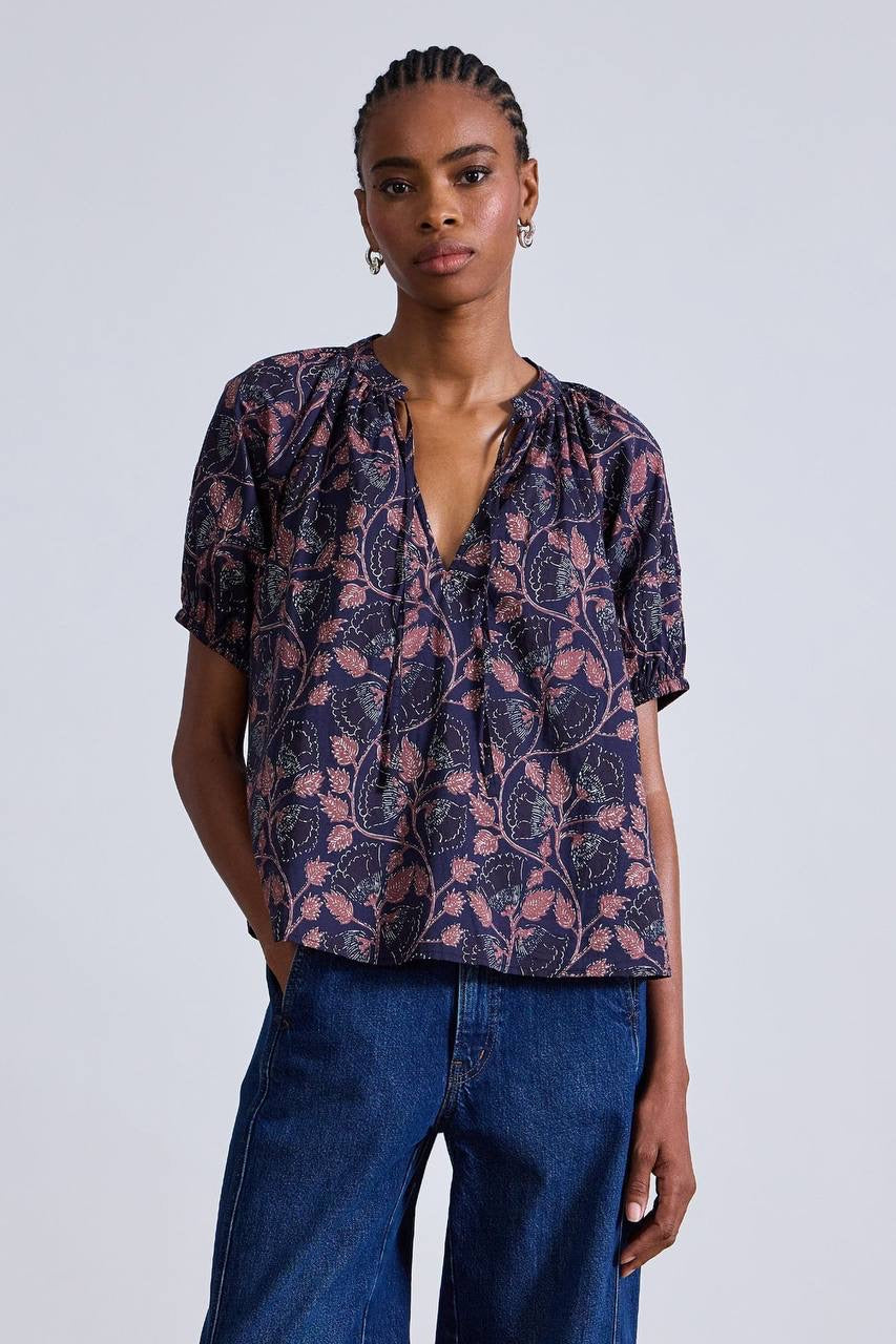 AA Lumina Popover | Trinidad Cotton Blouse Top in Camille Floral Navy
