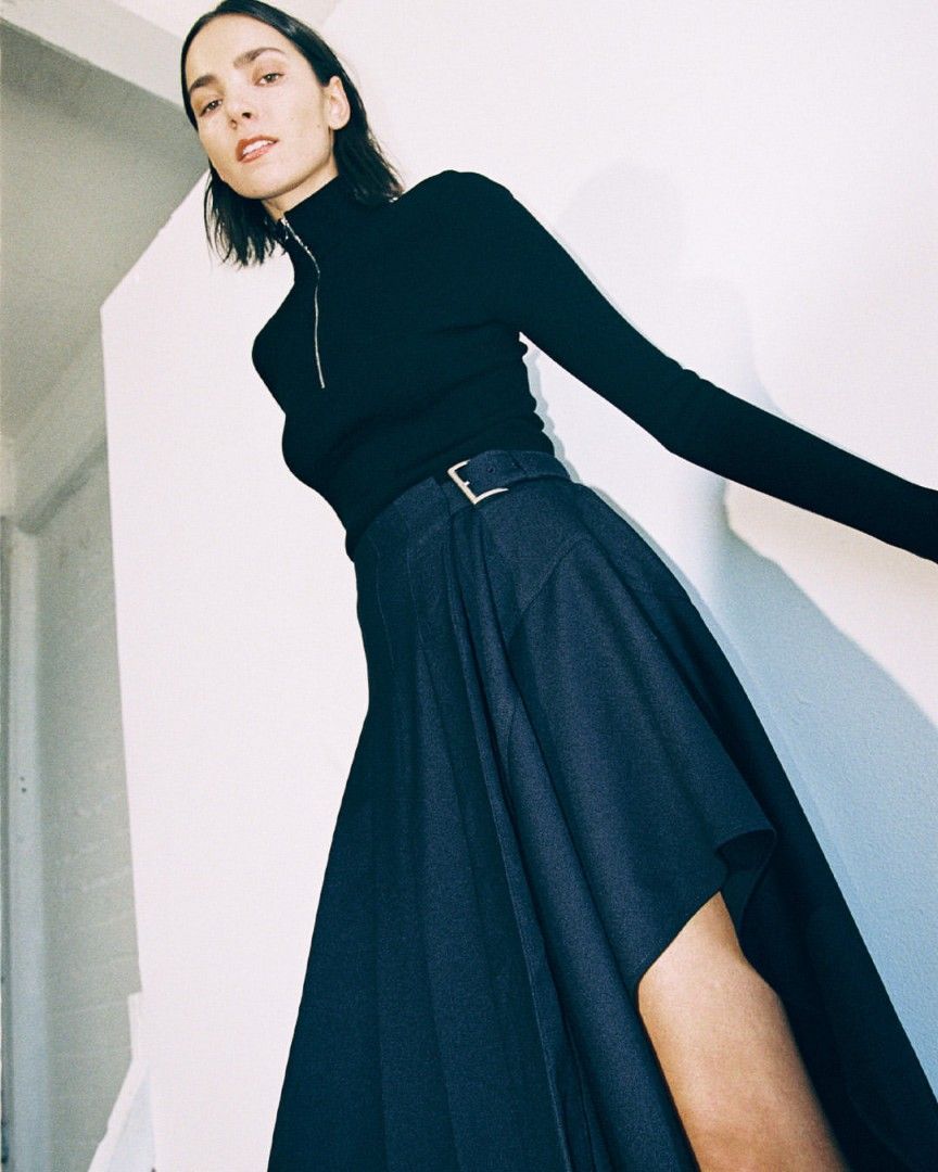 ALC Wayland Belted Wool-Blend Pleated Handkerchief Midi Skirt in Navy Blue