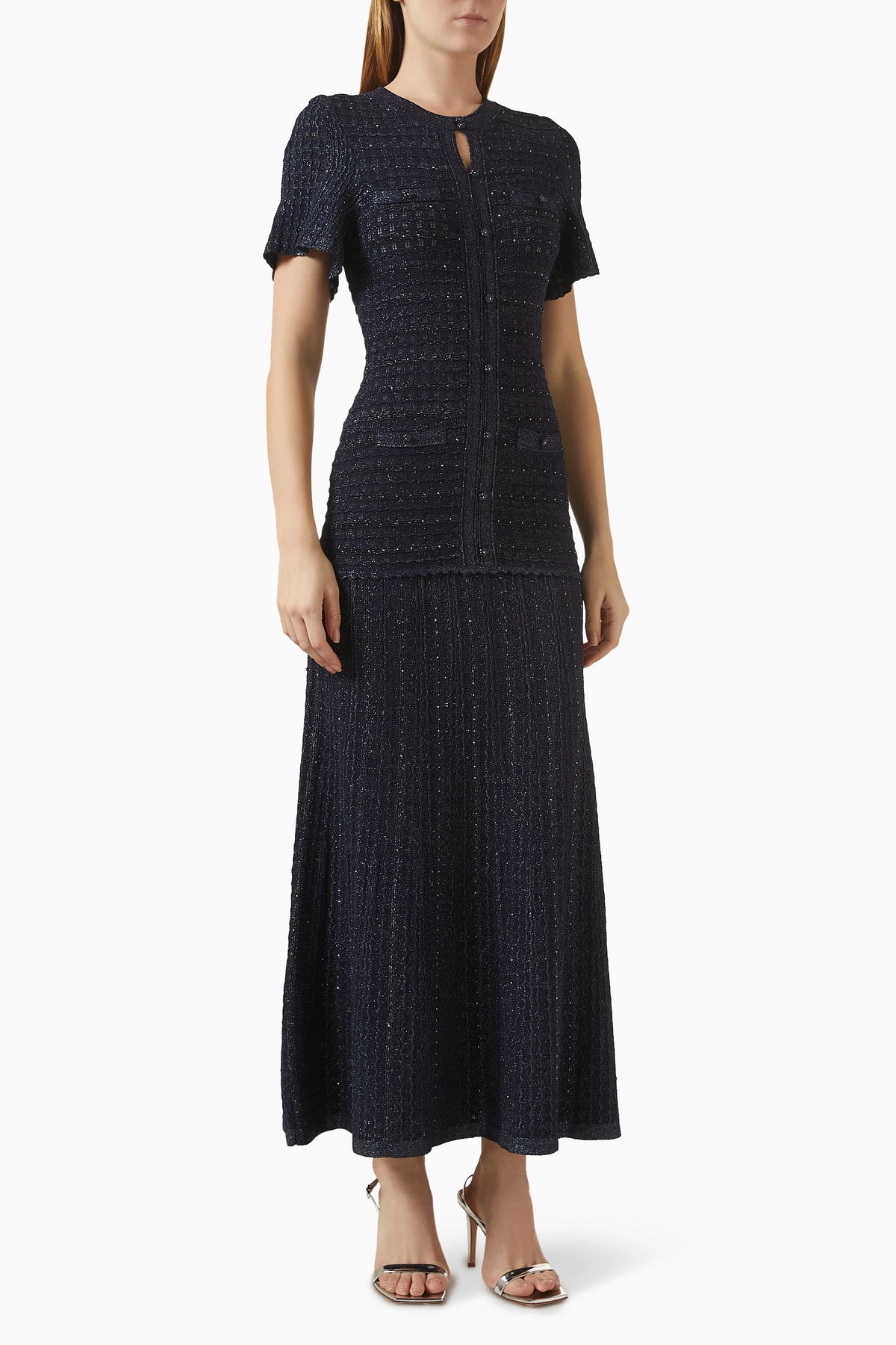 SD Diane Blue Rhinestone Viscose-blend Metallic Knit Maxi Dress