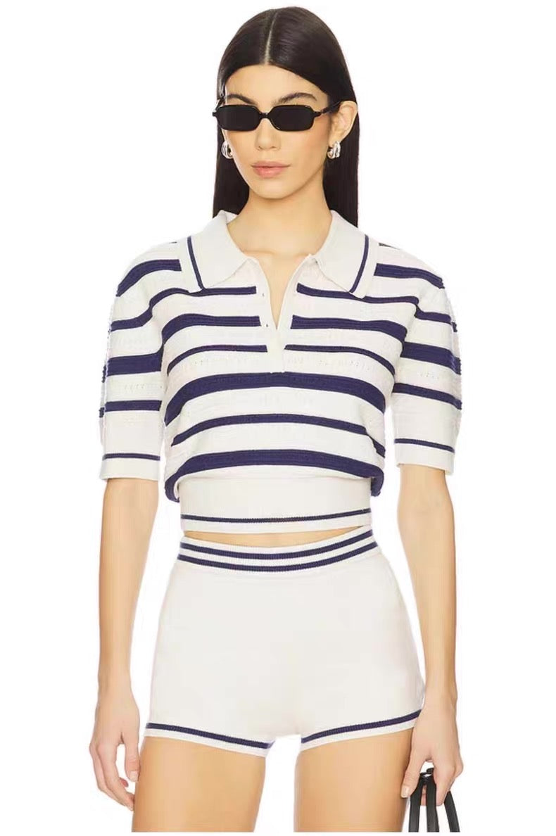 FLL Simona Pointelle Striped Polo Shirt | Shorts | Set