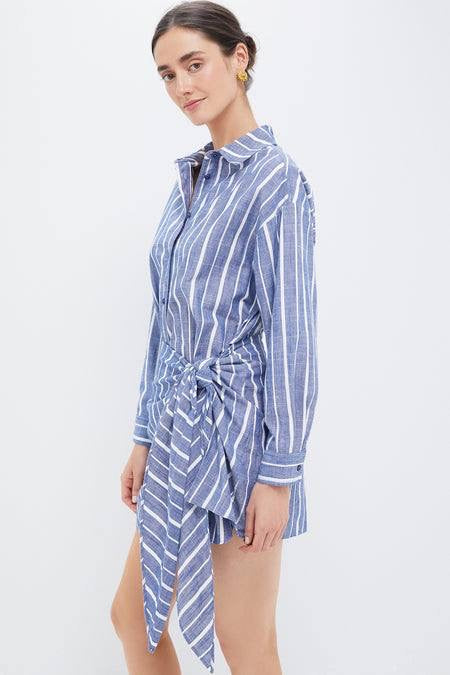 AA Alessandra Striped Chambray Sarong Cotton Mini Dress Shirtdress