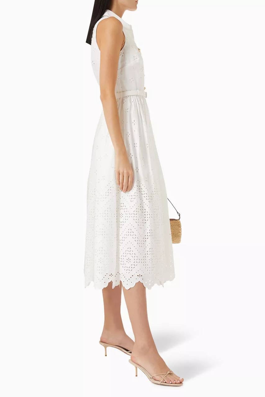SP White Cotton Broderie Collared Midi Dress
