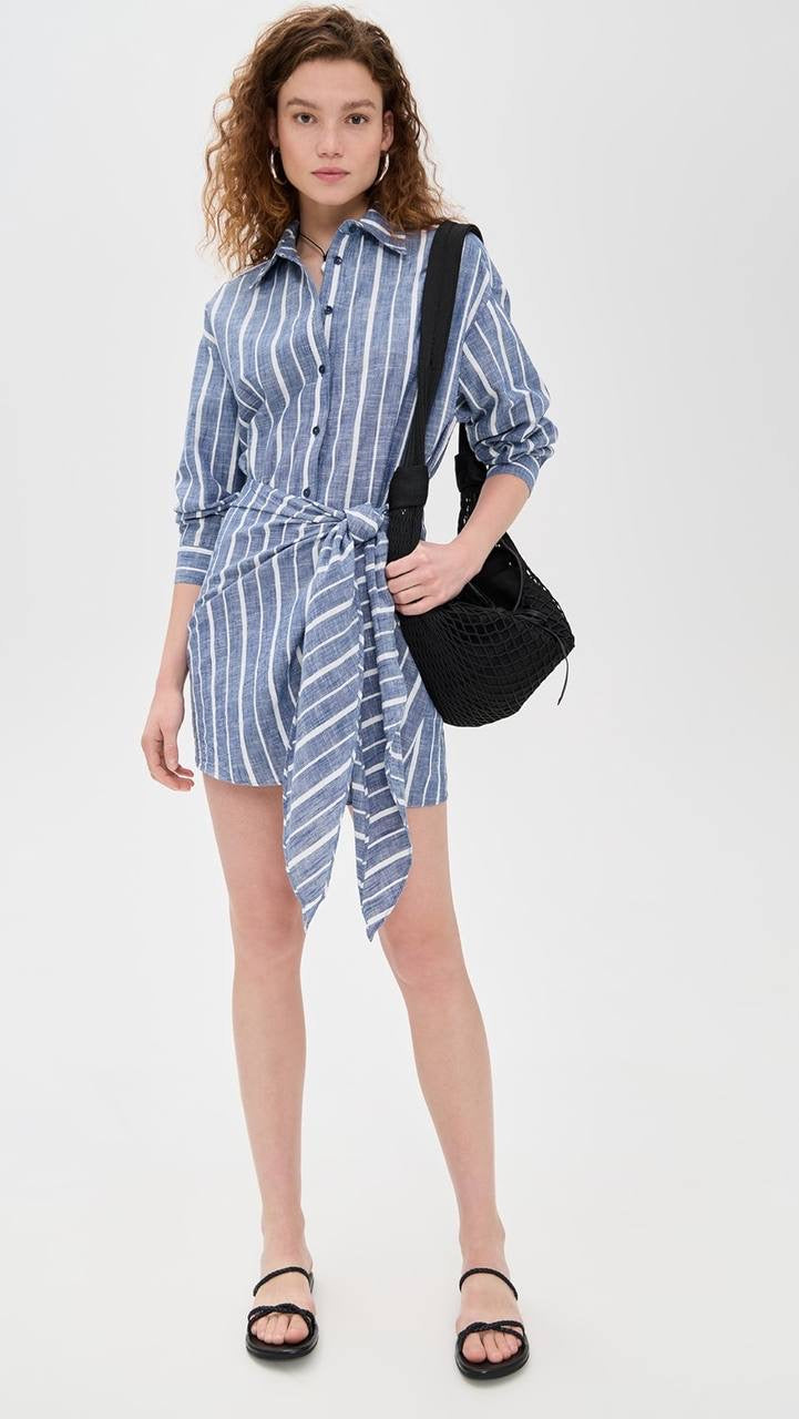 AA Alessandra Striped Chambray Sarong Cotton Mini Dress Shirtdress