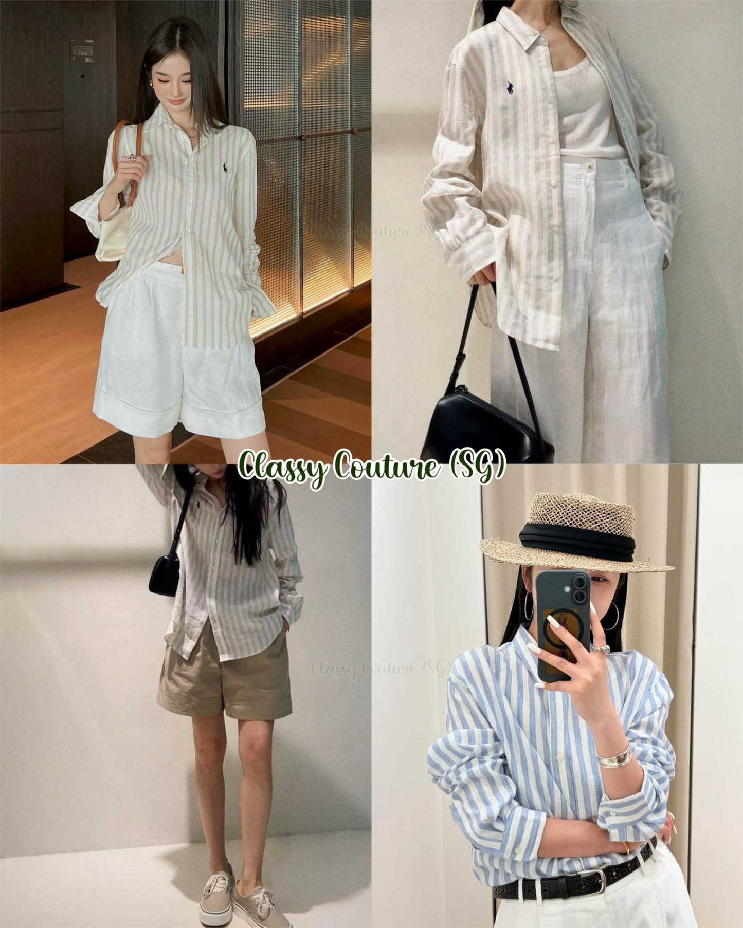 RL Wide Cropped Striped Linen Shirt with Navy blue Pony Embroidery
