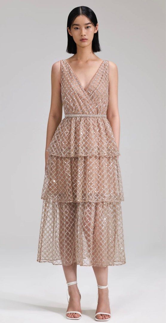 SP Tan Grid Sequin Tiered Midi Dress