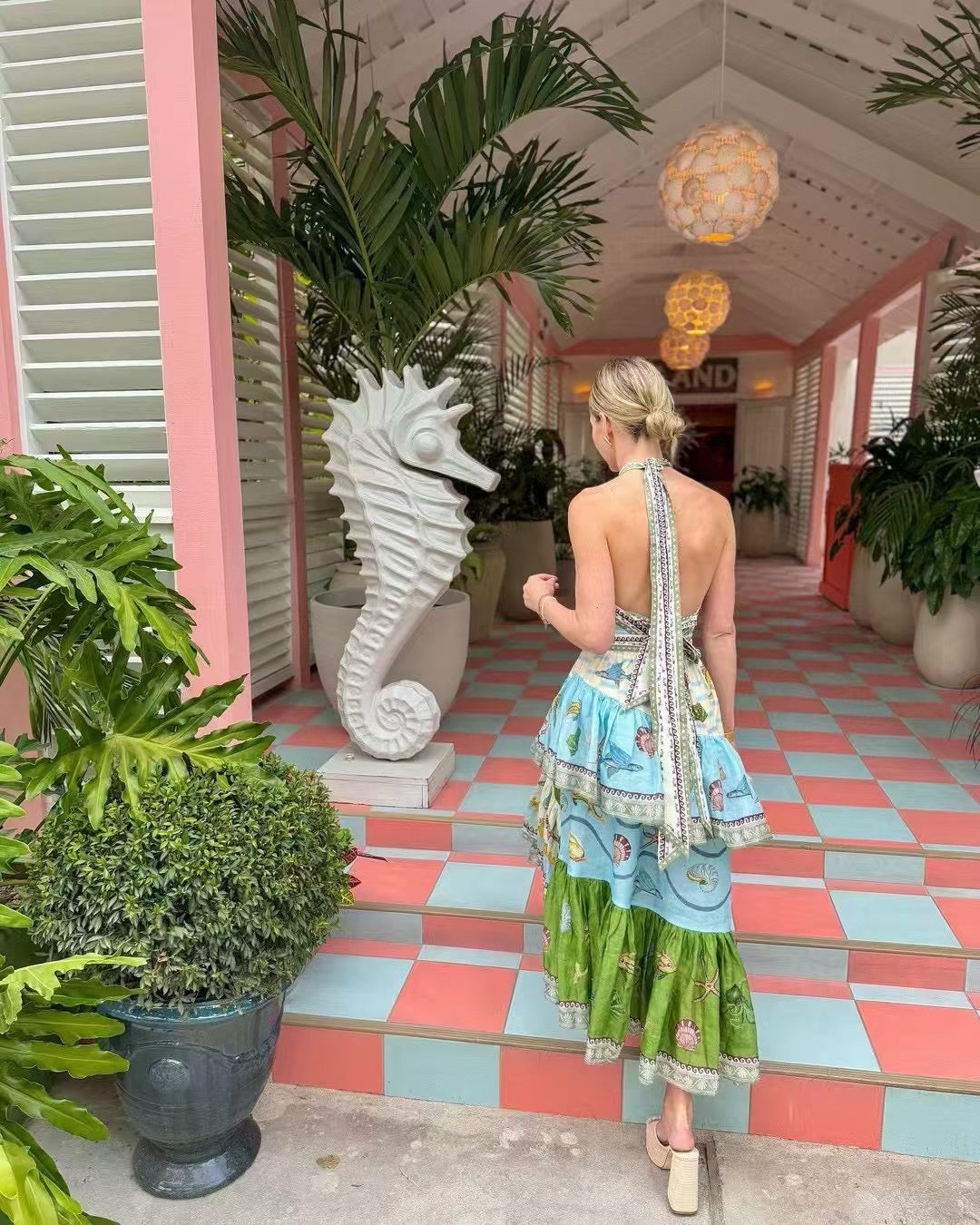 ALM Bath House Tiered Halter Linen Midi Dress