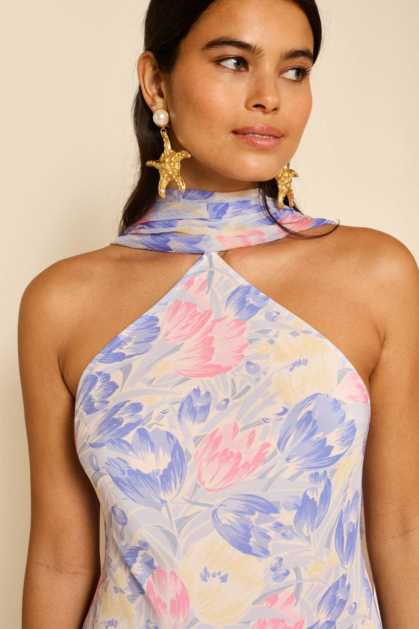 RX Hayley Detachable-Scarf Silk Midi Dress