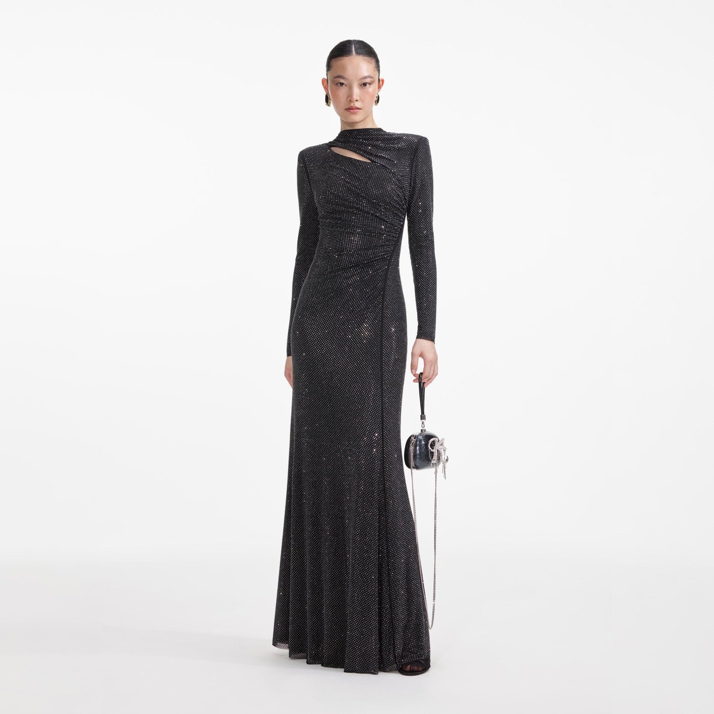 SP Black and Gold Rhinestone Mesh Cut Out Maxi Dress