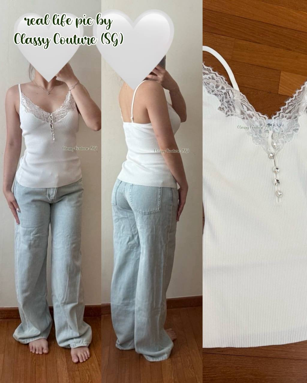 SP Lace Trim Rib Knit Cami Top in White & Black