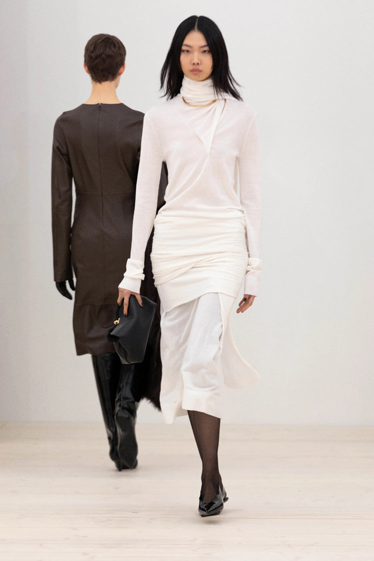 Tot Draped Scarf Fine Knit Top | Midi Skirt | Wool-Silk Set