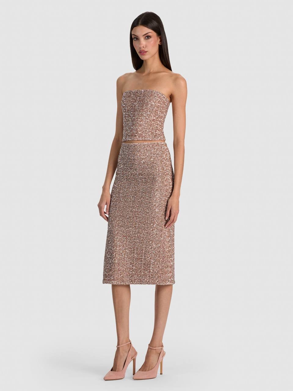 Cosette Corset Strapless Bandeau Top | Fifi Midi Skirt | Sequin Set