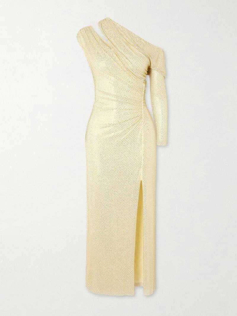 SP Yellow Asymmetric Rhinestone Gathered Midi Dress