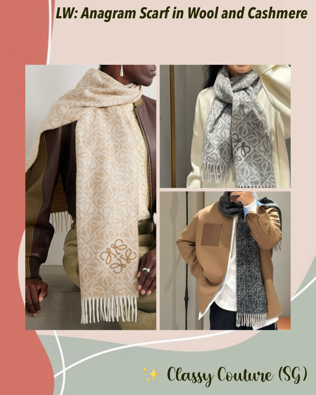 LW Anagram Scarf in Wool and Cashmere 180x38cm