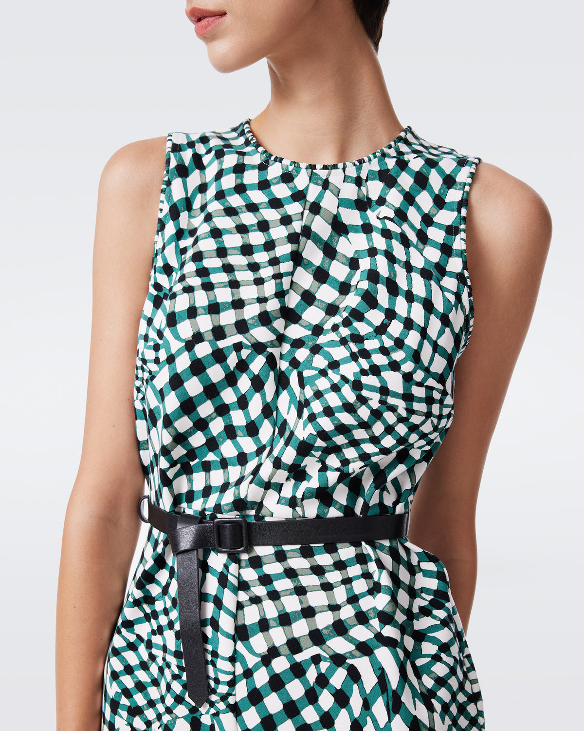 DVF Lydia Sleeveless Viscose-blend Belted Mini Dress in Floating Plaid