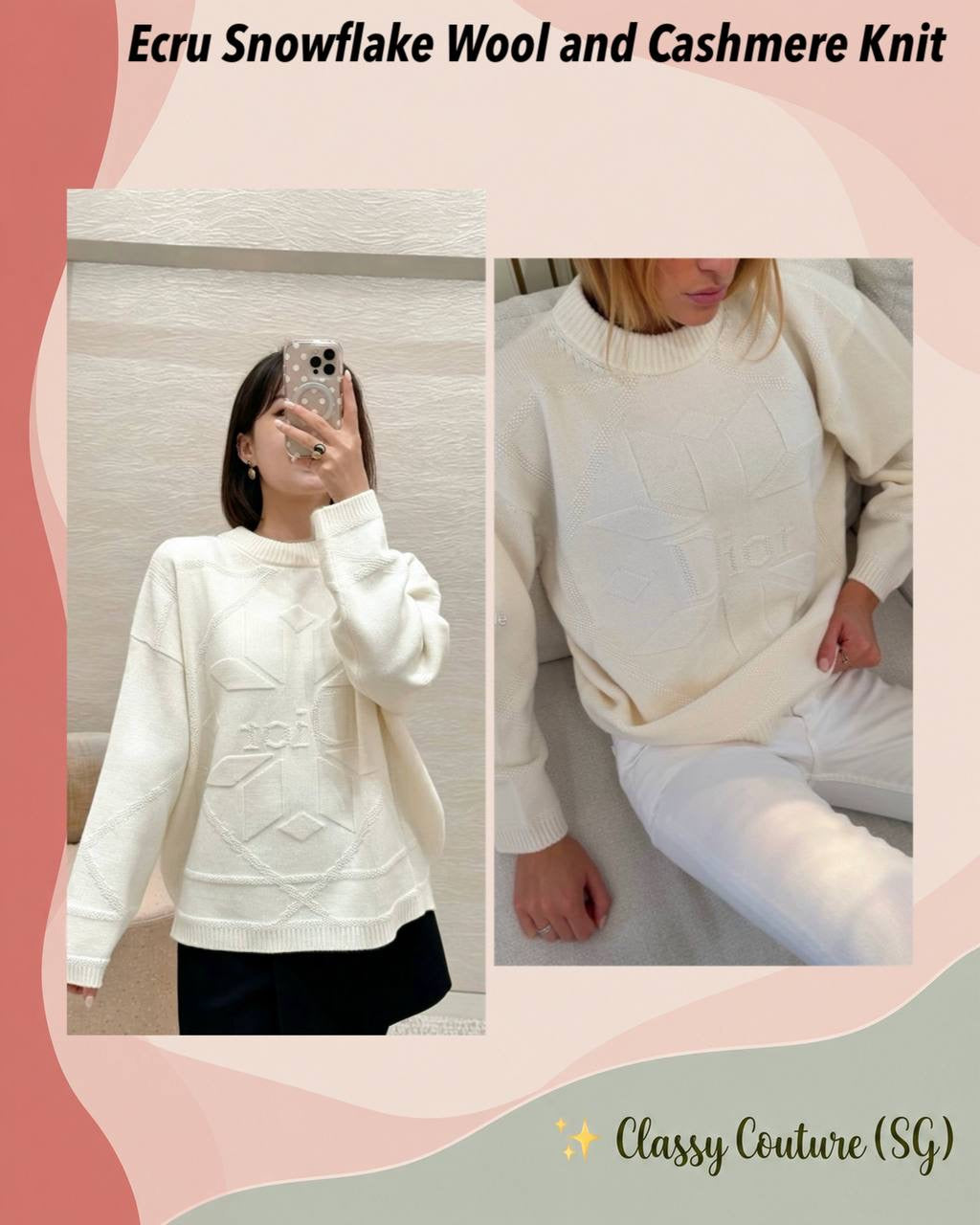 Unisex Ecru Snowflake Wool and Cashmere Knit Pullover Sweater