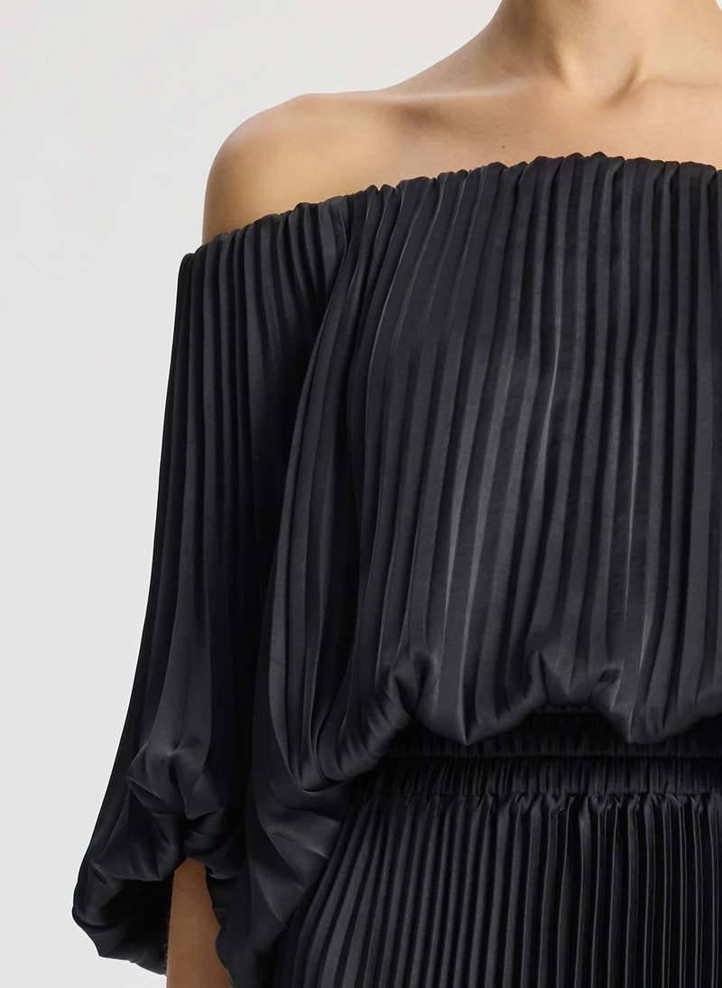 ALC Sienna Satin Pleated Off-Shoulder Midi Dress