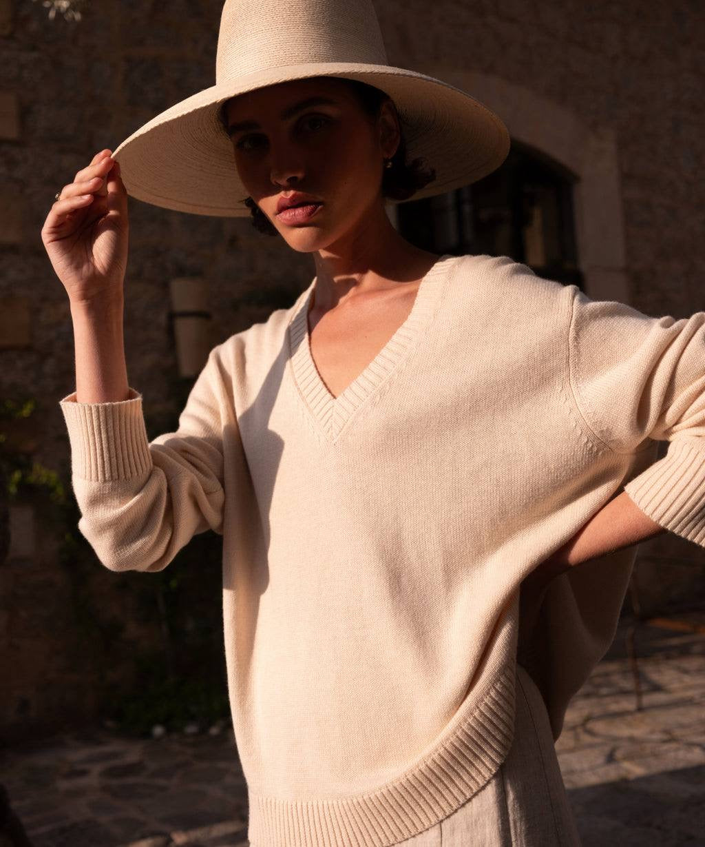 JK Simone V-Neck Wool-Cotton Pullover Sweater