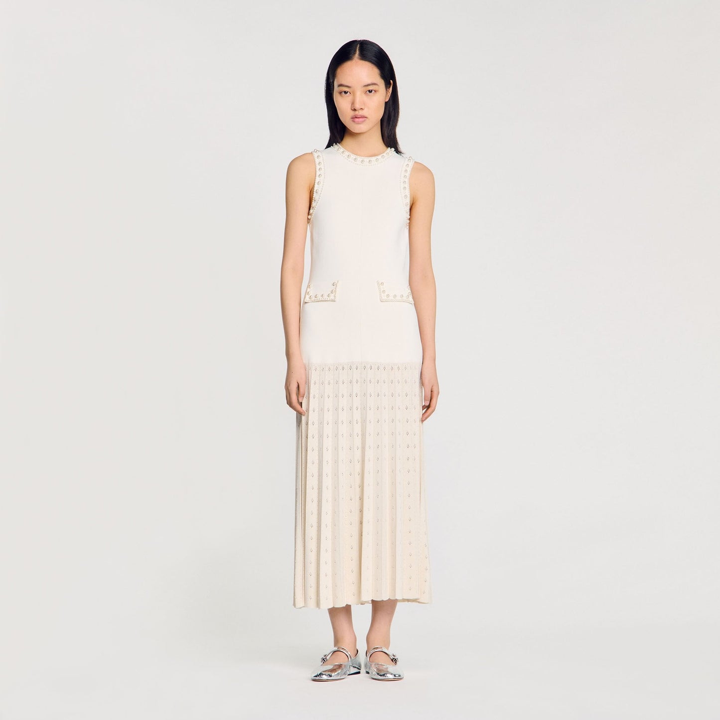 SD Pearl Bead Knit Maxi Dress | Cropped Cardigan with Pearl Buttons | Set