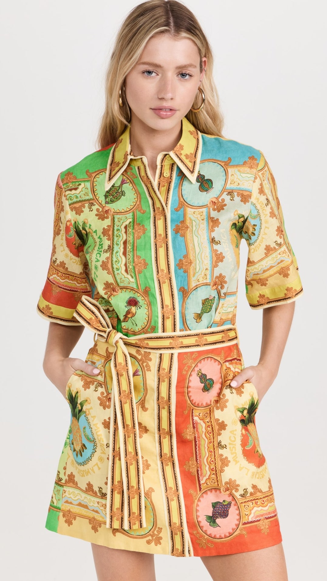 ALM La Musica Belted Linen Mini Dress Shirtdress