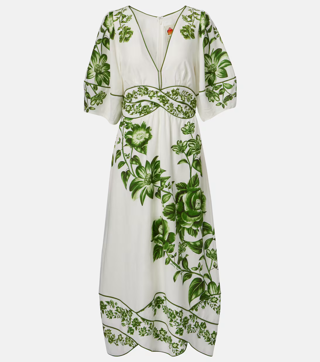 FR Green Floral Cascade Blue Yard Linen-Viscose Midi Dress