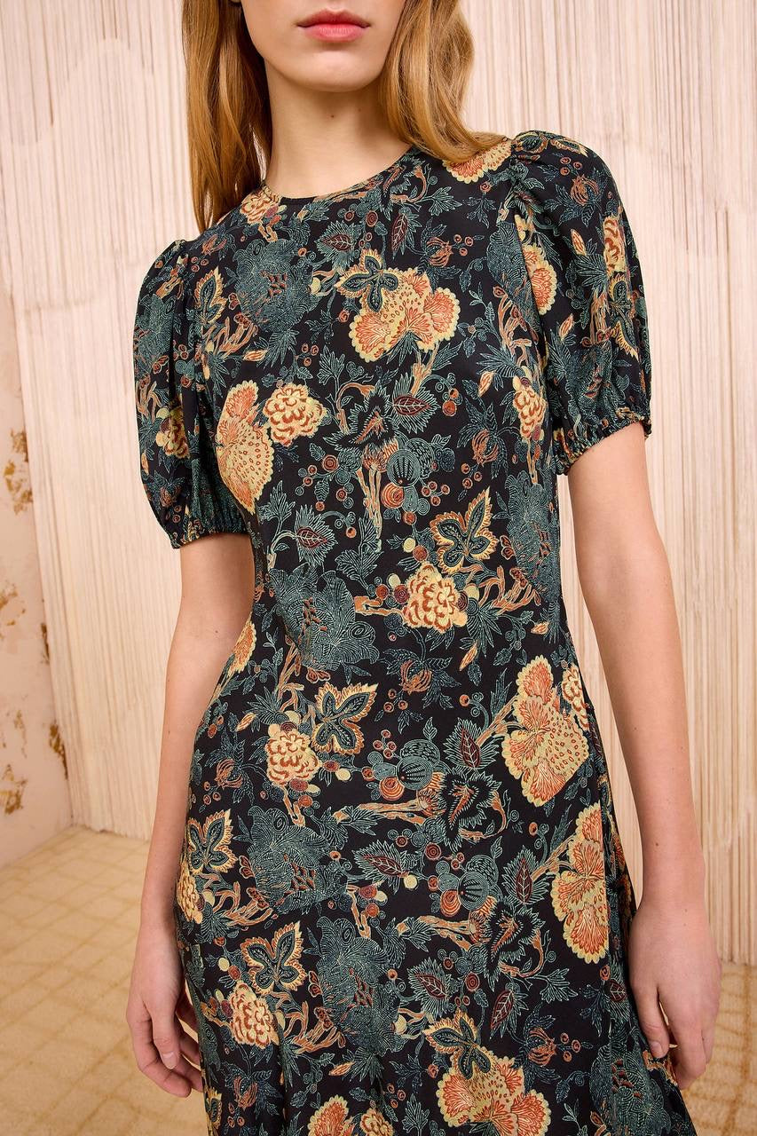 UJ Ines Puff Sleeve Silk Midi Dress
