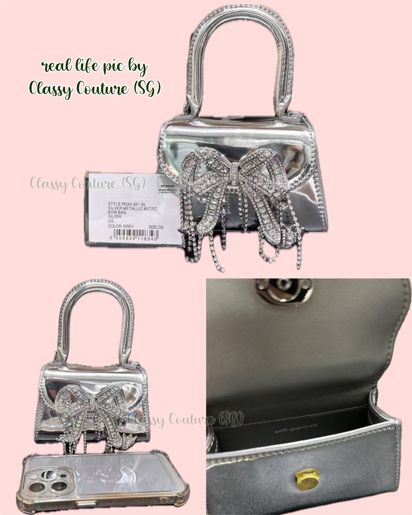 SP Bow Micro Metallic Leather Top Handle Bag with Detachable Strap