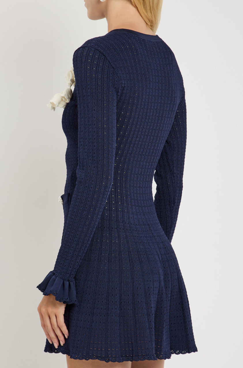 SP Navy Pointelle Knit Crochet Flower Mini Dress