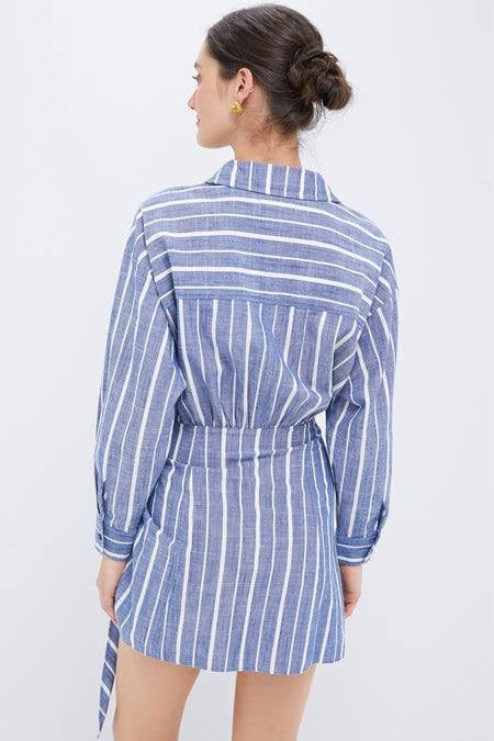 AA Alessandra Striped Chambray Sarong Cotton Mini Dress Shirtdress