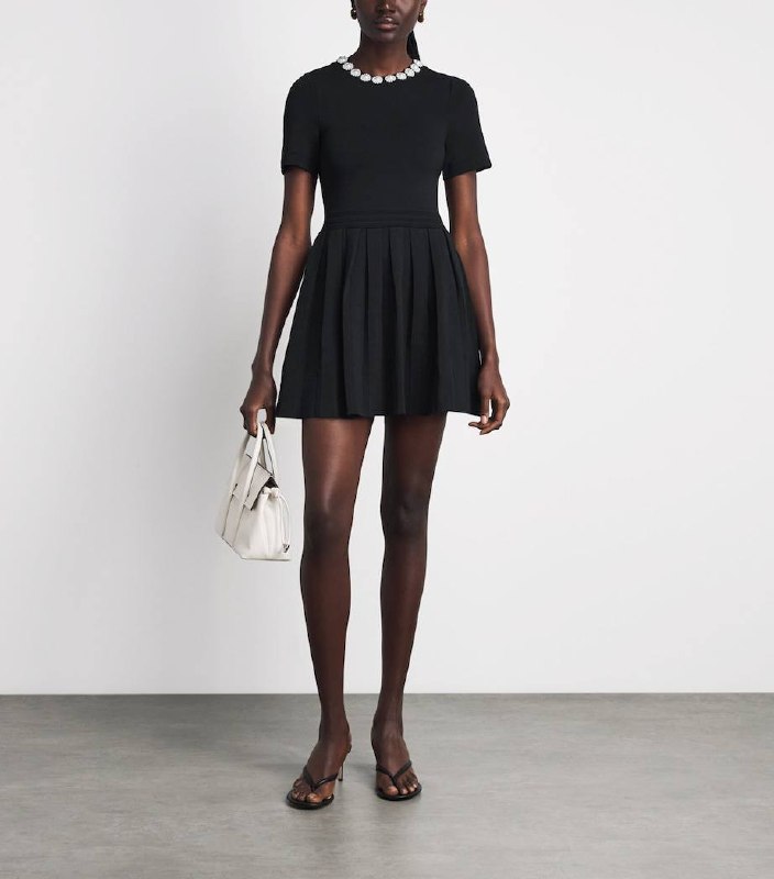 Black Short Sleeve Beaded Flowers Flared Viscose-blend Mini Dress