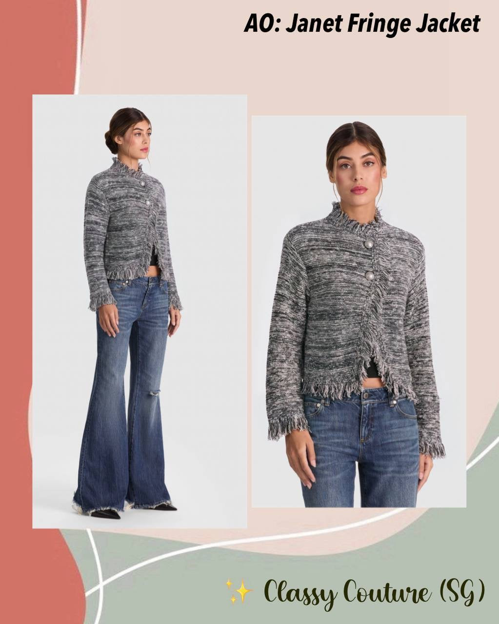 Grey Janet Fringe Wool-cotton Boucle-tweed effect Jacket