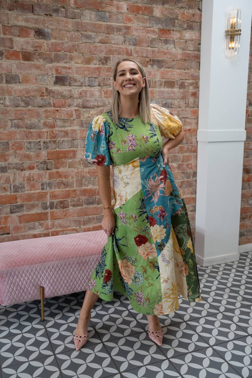 ALM Avery Puff Sleeve Linen Spliced Midi Dress