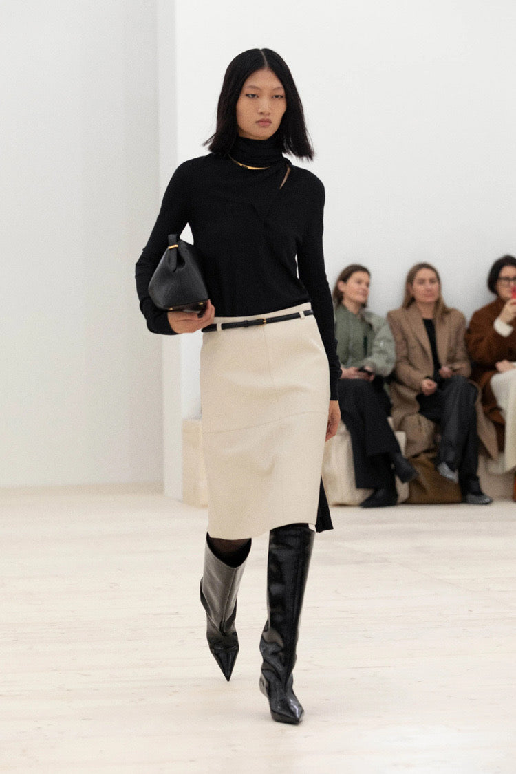 Tot Draped Scarf Fine Knit Top | Midi Skirt | Wool-Silk Set